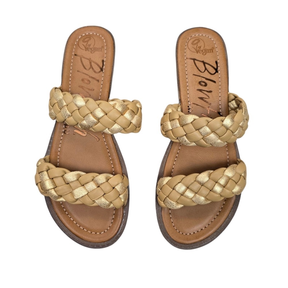 Blowfish Womens Bolley Tan Gold Braided Strap Faux Leather Sandals Shoe Size 8.5